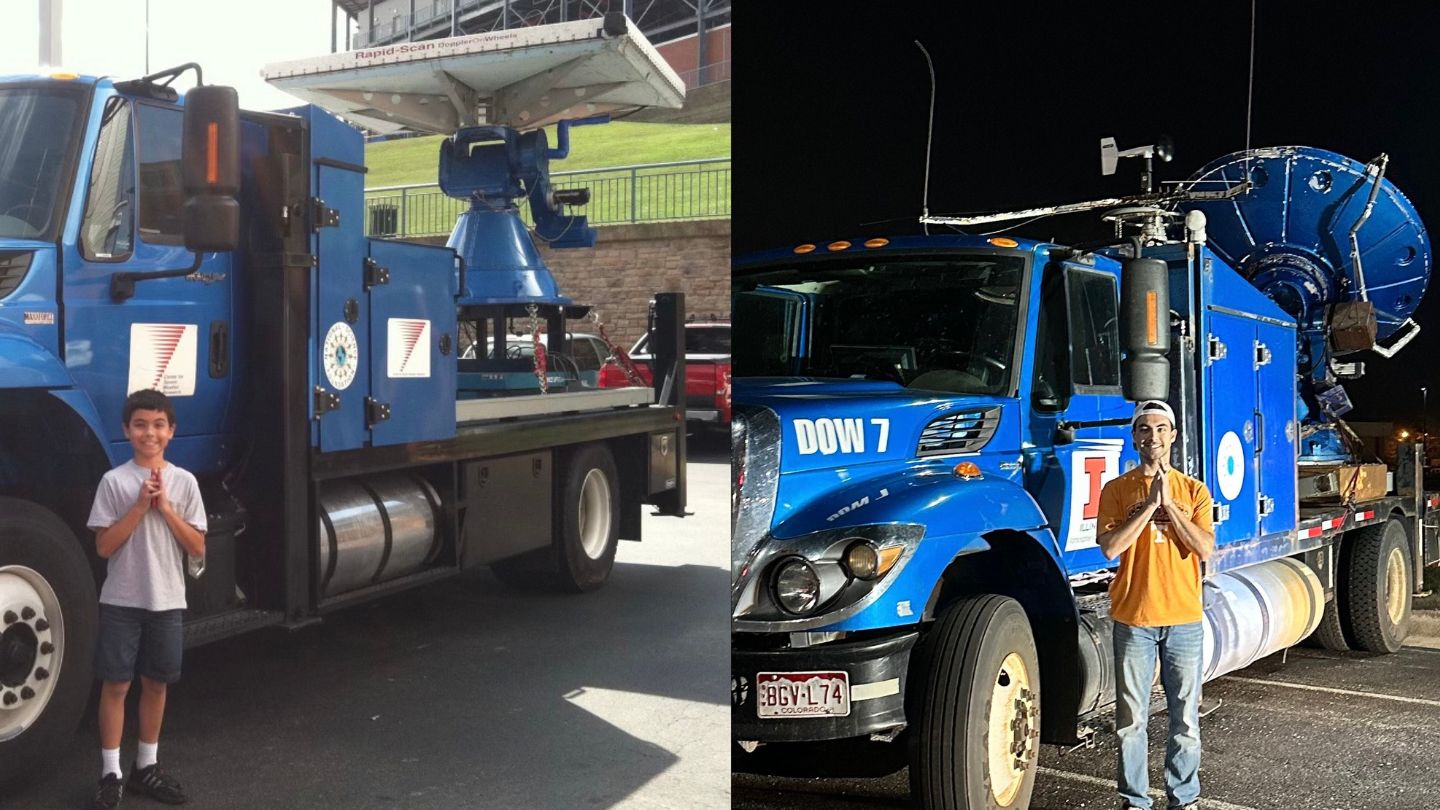 On the left as a child, Perlaky stands beside a Doppler On Wheels mobile radar truck during the truck’s tour with the Tornado Alley film. On the right in 2023, Perlaky recreates the moment next to a DOW while on a field research campaign.
