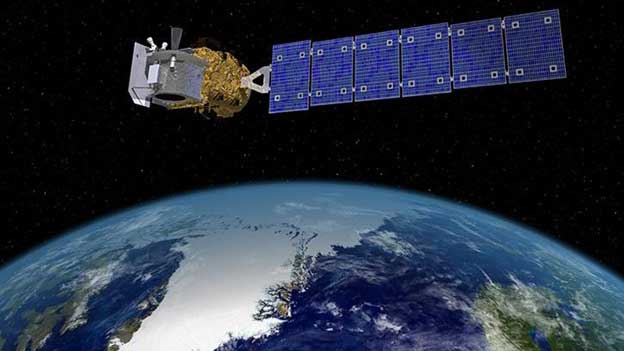 Satellite with solar panels orbitates the earth.