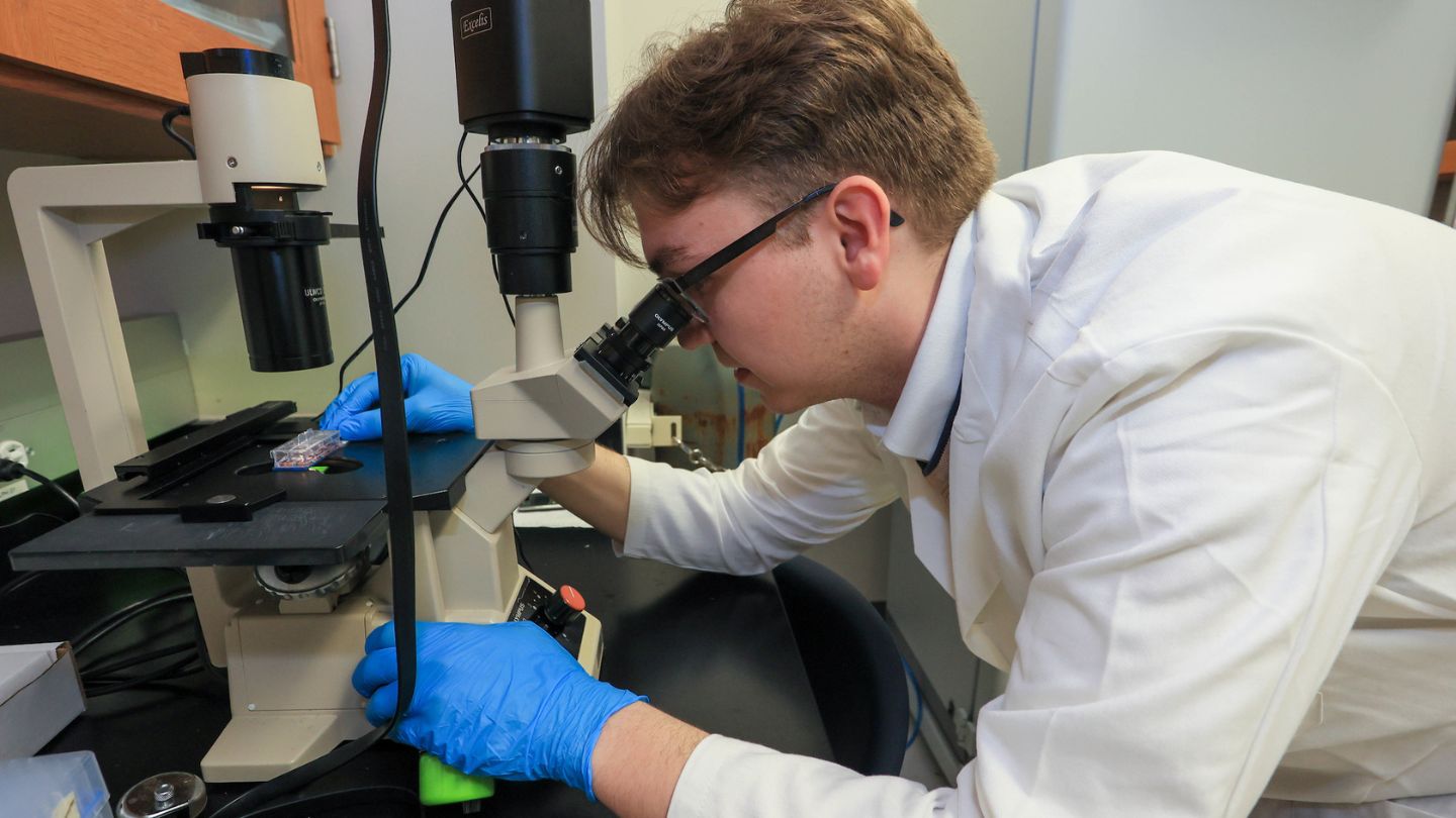 a man operates a microscope