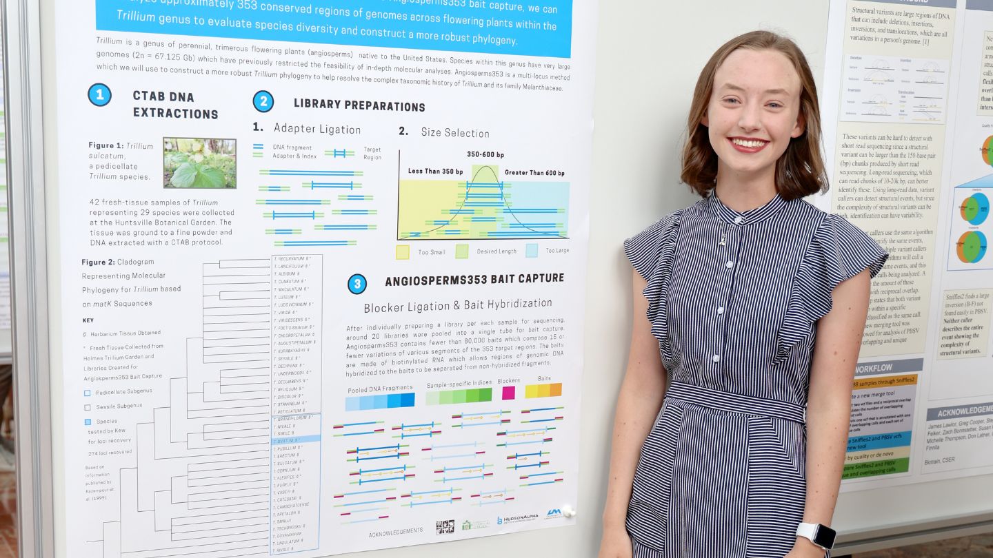 Caroline Bendickson presenting her undergraduate research at the HudsonAlpha BioTrain Internship poster session.