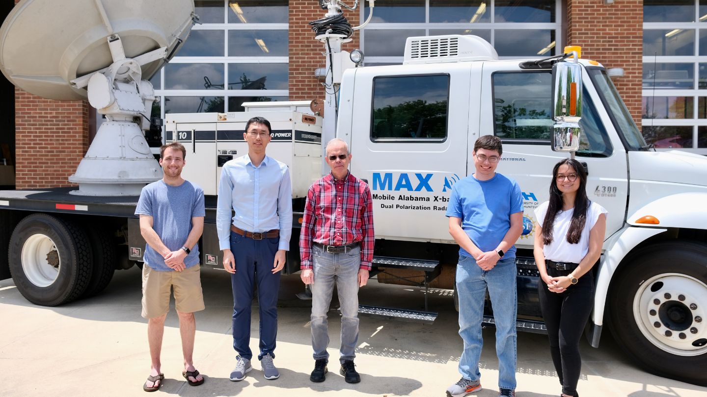 (From left to right): Preston Pangle, Dr. Xioamin Chen, Dr. Kevin Knupp, John Mark Mayhall, and Kiahna Mollette are UAH atmospheric scientists studying different characteristics of hurricanes to better predict the intensity of hurricanes before making landfall. ?>