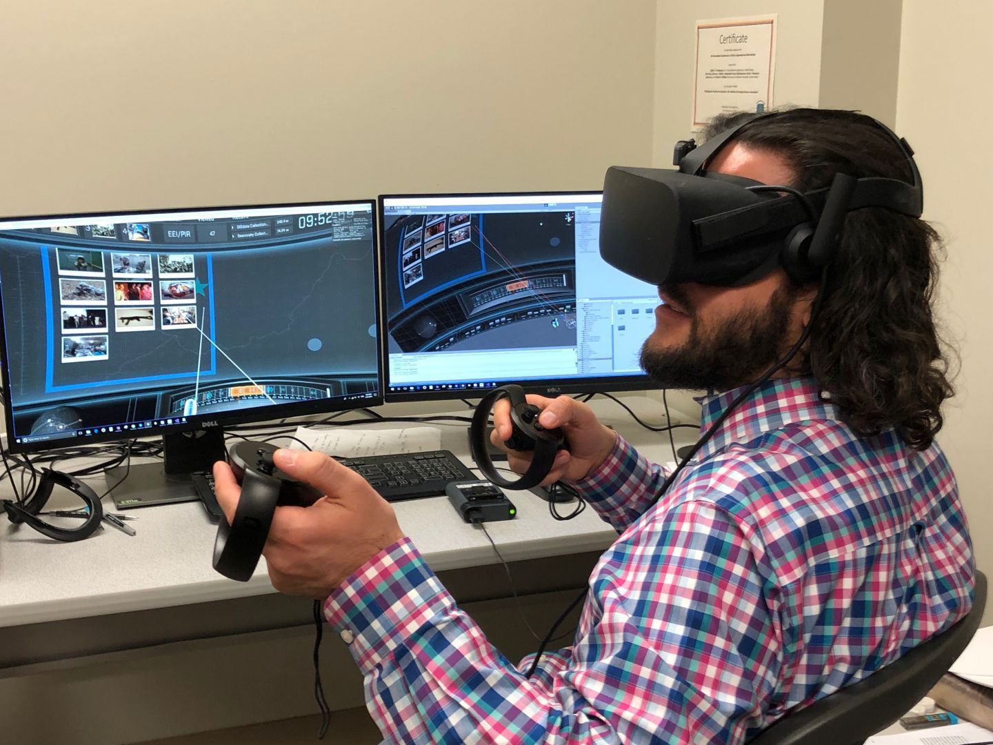 A man uses virtual reality goggles