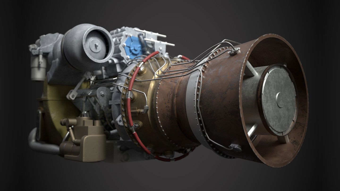 a computer graphic of the rear view of a GE T700-701D Turboshaft Engine