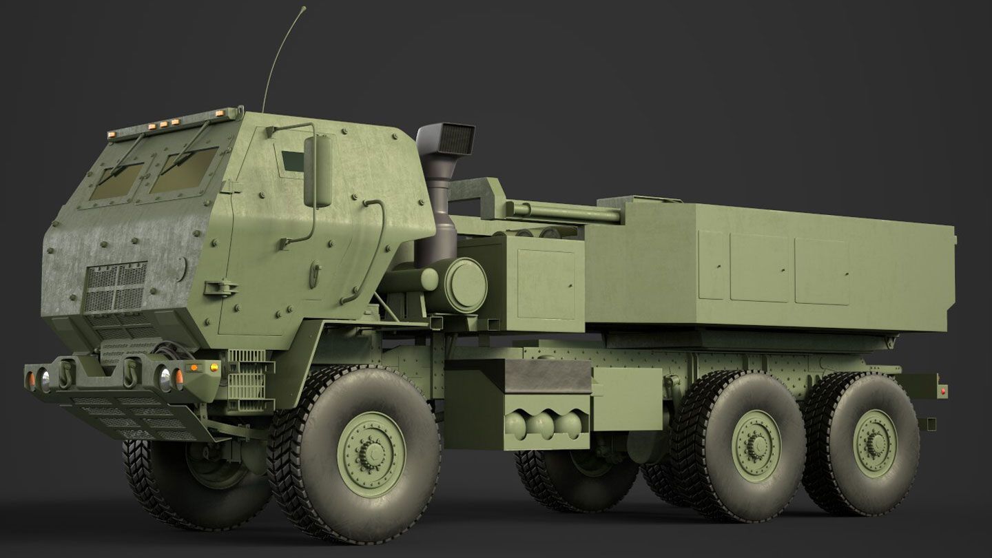 computer graphic of a side view of a brown armored Lockheed Martin M142 HIMARS military missle launching vehicle