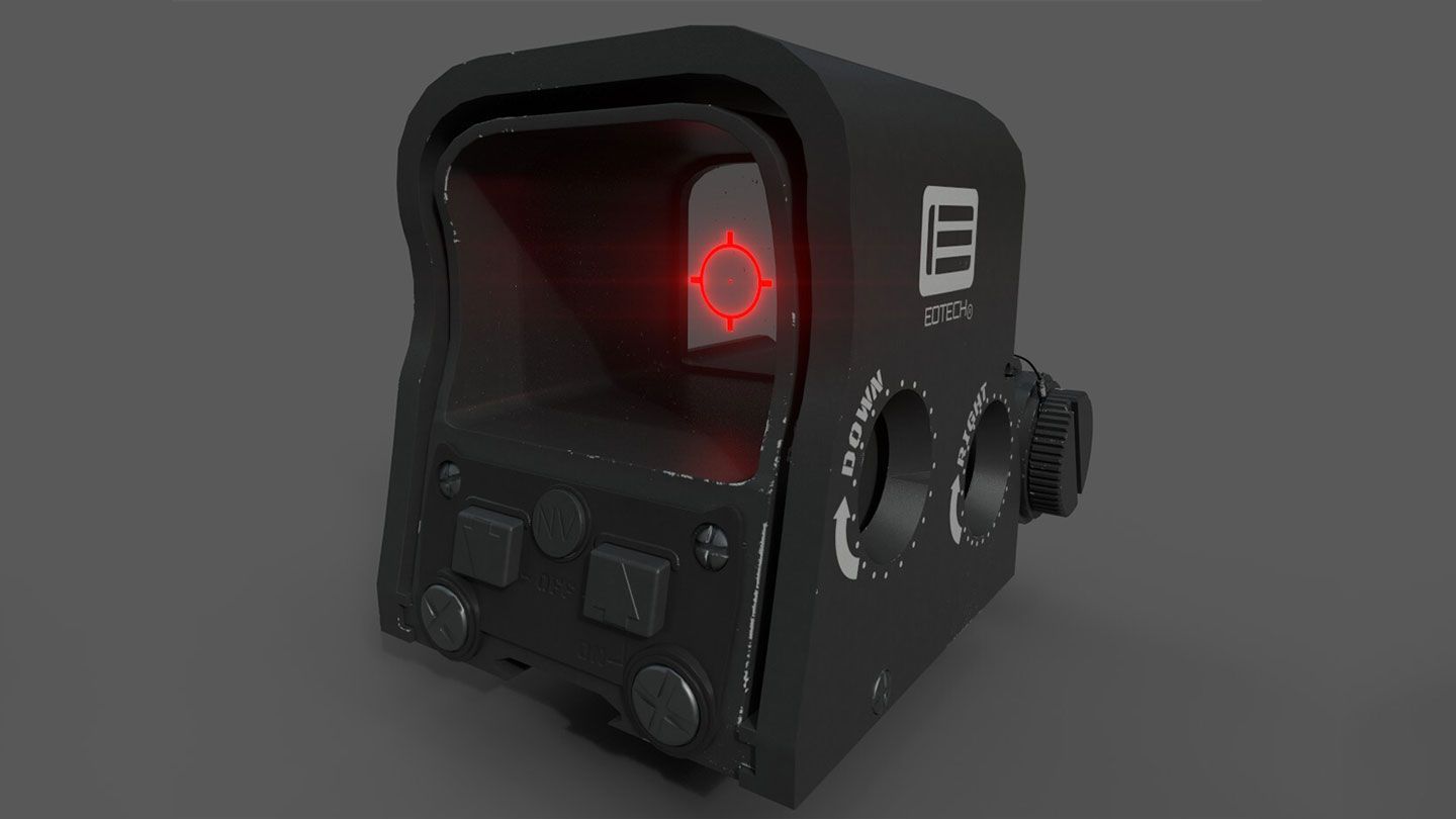 computer graphic of the front angled view of a EOTECH XPS2 Holographic targeting Sight