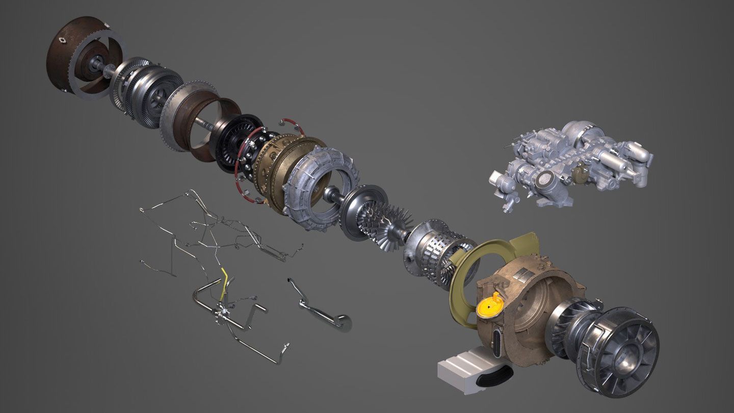 a computer graphic of the exploded view of the individual parts of a GE T700-701D Turboshaft Engine