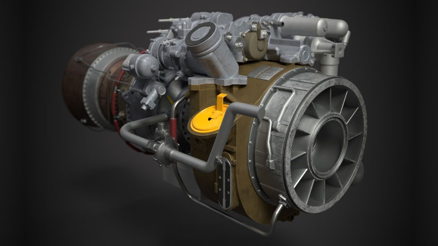 a computer graphic of the front view of a GE T700-701D Turboshaft Engine