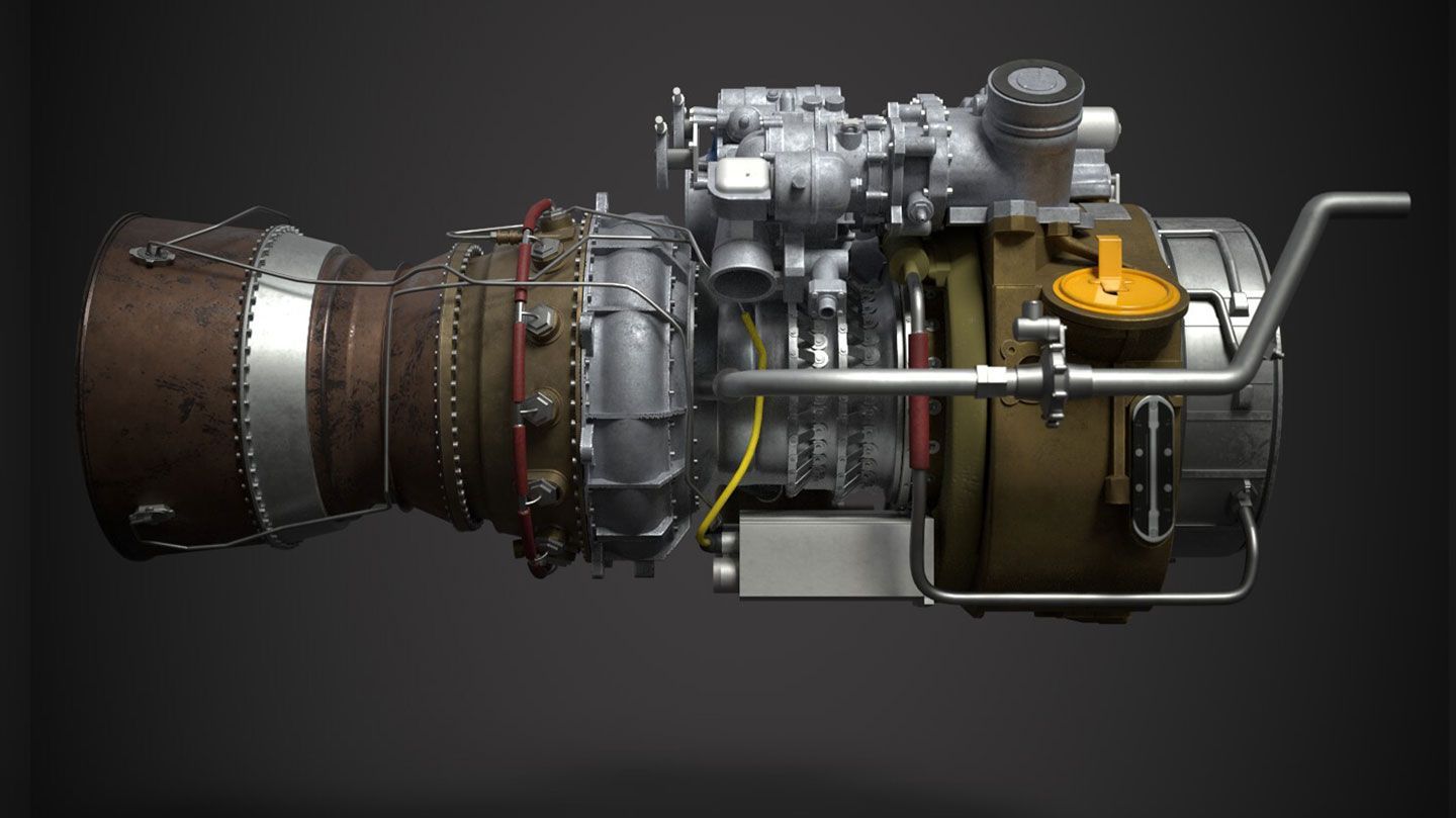 a computer graphic of the side view of a GE T700-701D Turboshaft Engine