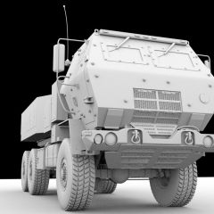 computer ambient occlusion render of a front view of a brown armored Lockheed Martin M142 HIMARS military missle launching vehicle