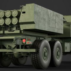 computer graphic of the rear view of a brown armored Lockheed Martin M142 HIMARS military missle launching vehicle