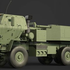 computer graphic of the side view of a brown armored Lockheed Martin M142 HIMARS military missle launching vehicle