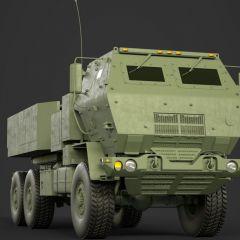 computer graphic of the front view of a brown armored Lockheed Martin M142 HIMARS military missle launching vehicle