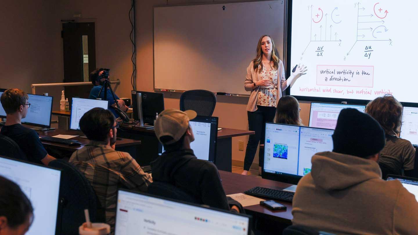 Vivian Bledsoe presents during a severe weather class.