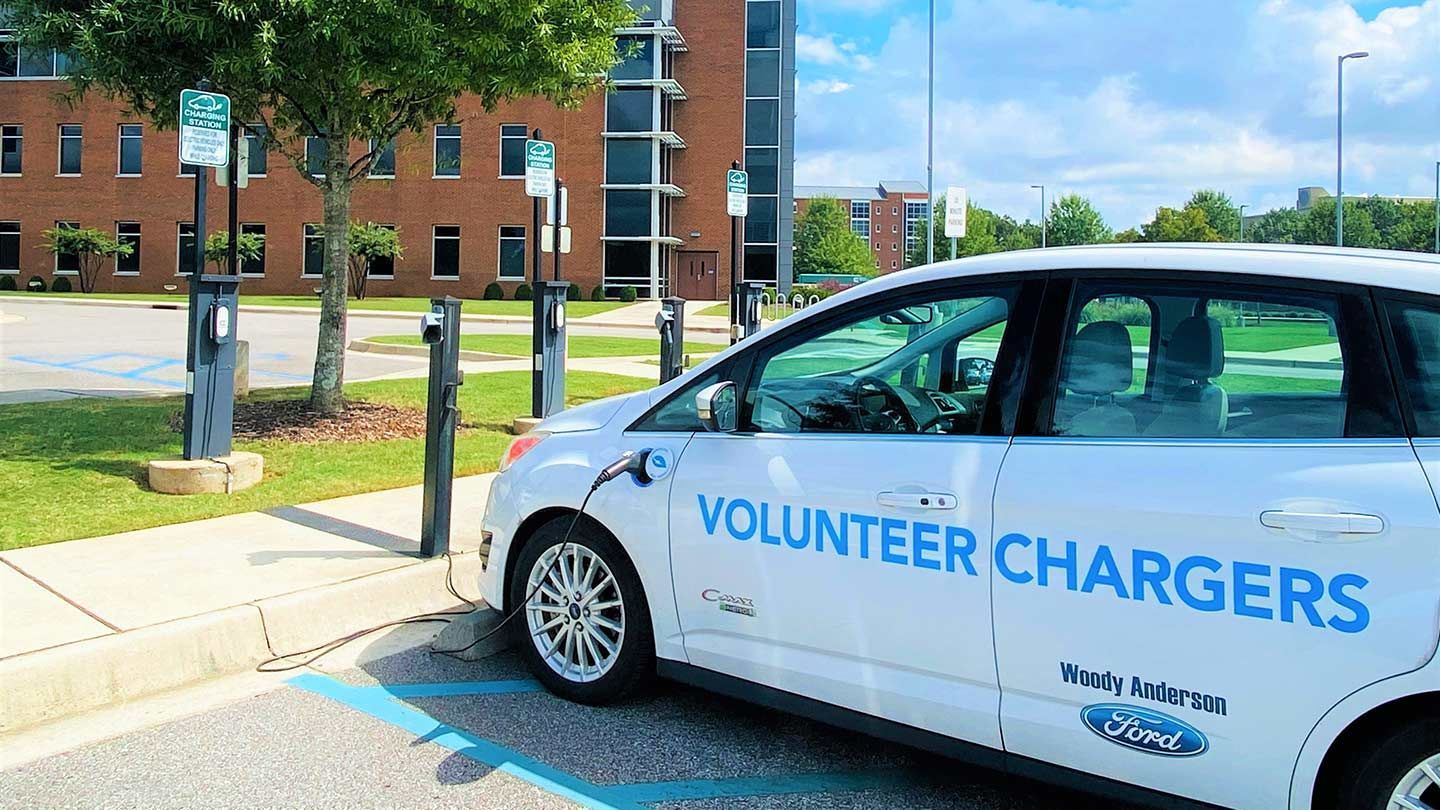 A sustainability EV car at a charging station