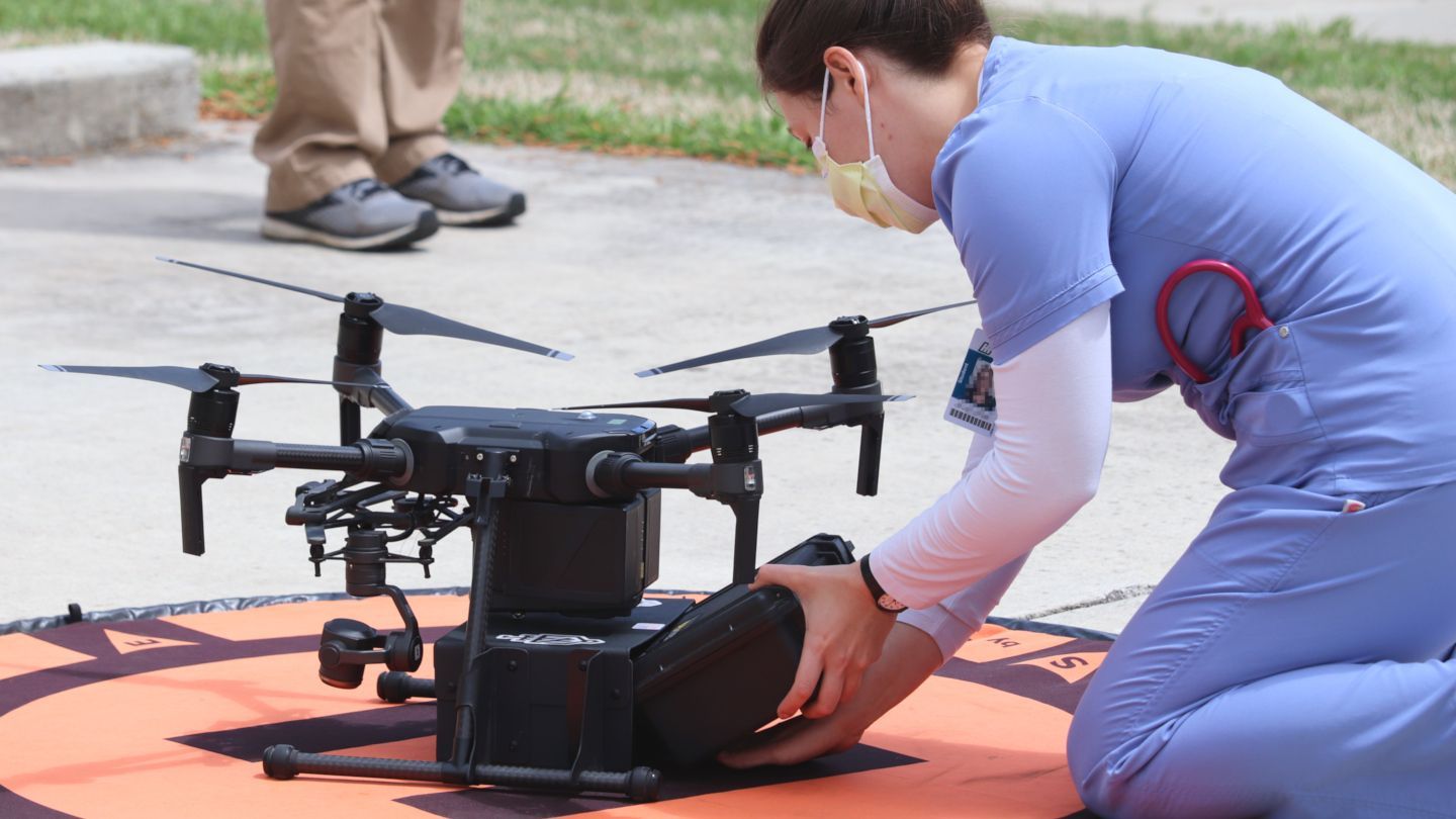 Simulated supplies are being delivered by a drone during an inter-professional simulation.