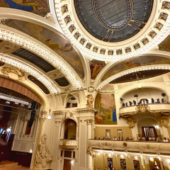 Dome and frescoed ceiling of Smetana Hall in Prague's Municipal House