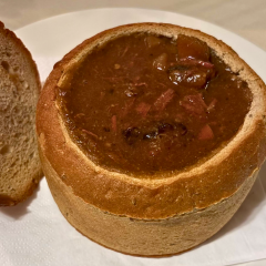 Goulash in a bread bowl at Restaurace Premonstrátů na Strahově
