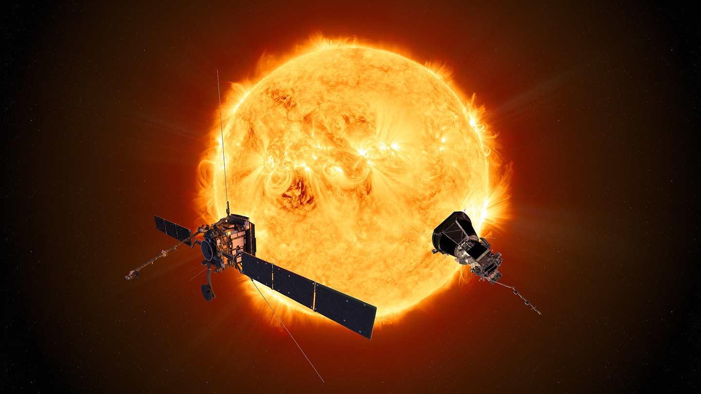 a sun with two nearby instances of space equipment