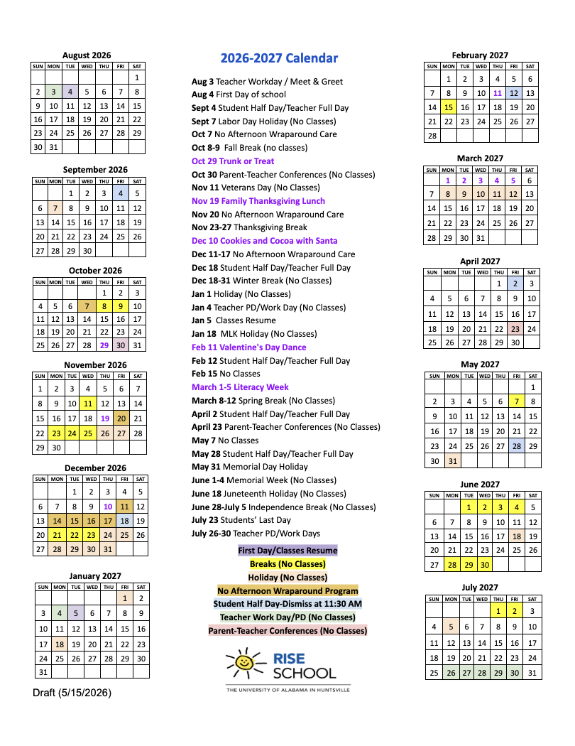 2026-2027 RISE School Calendar Picture of 2026-2027 Calendar