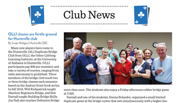 OLLI at UAH members were featured in the February 2020 issue of American Contract Bridge League (ACBL) Bridge Bulletin.