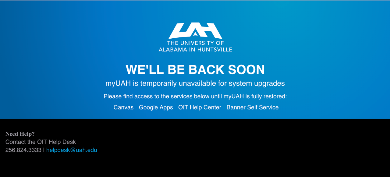 myUAH is temporarily unavailable for system updates