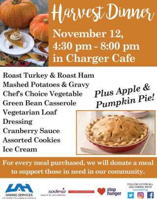 Details on Harvest Dinner 2018 held at the Charger Cafe on November 12th from 4:30-8pm.