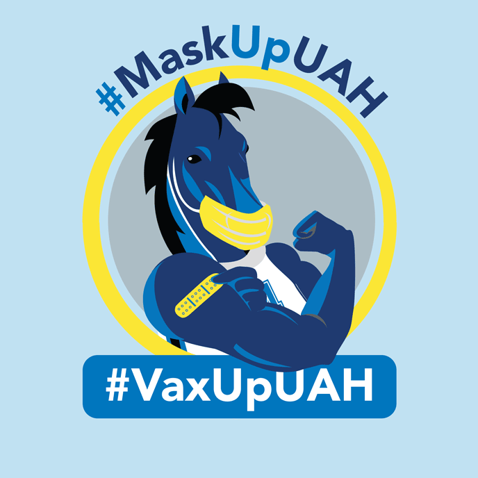 the horse mascot of UAH proudly wearing a surgical mask and pointing to a band aid on its shoulder