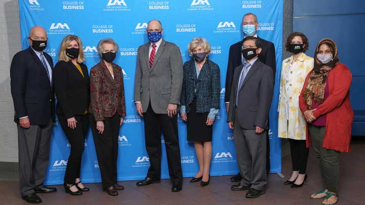 From right to left, Steve Swofford, ACU CEO; June Landrum, ACU COO; Gladys Jones, ACU Vice Chairman and Board Member; Dr. Darren Dawson, UAH President; Dr. Christine Curtis, UAH Provost and Vice President of Academic Affairs; Dr. Jason Greene, Dean UAH COB; Dr. Fan Tseng, Chair, Department of Management, Marketing and Information Systems at UAH COB; Mallie Hale, UAH Vice President for University Advancement/Executive Director of UAH Foundation; Dr. Wafa Orman, Associate Dean, UAH COB.