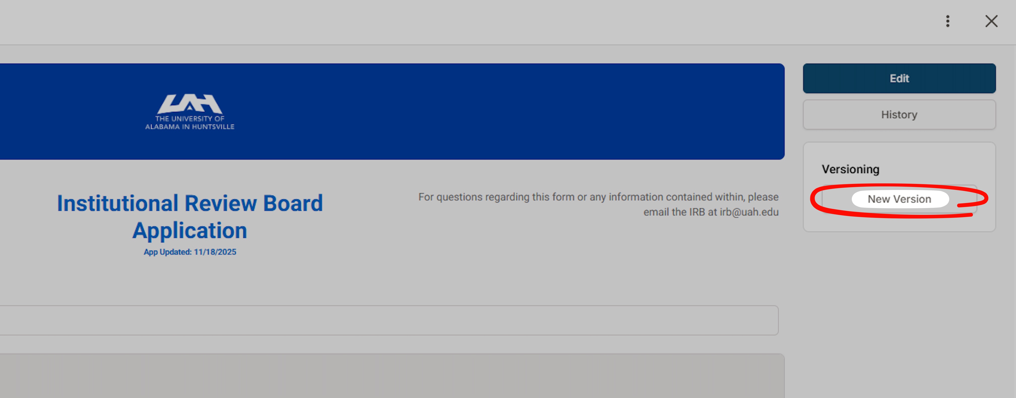 Screenshot of The University of Alabama in Huntsville Institutional Review Board Application page, highlighting the "New Version" button in red on the right menu panel.