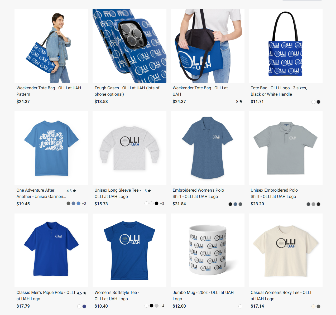 A web store homepage showing different merchandise, such as mugs, tote bags, and shirts.