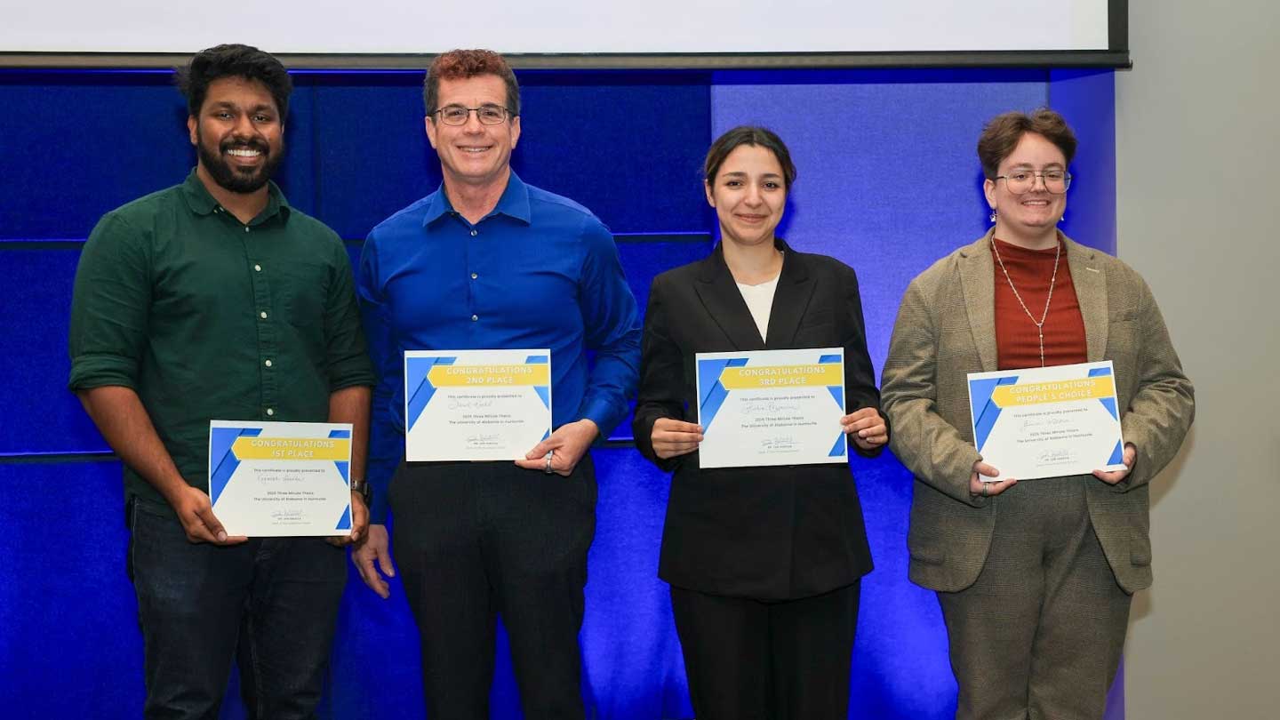 The four winners in The University of Alabama in Huntsville (UAH) Three Minute Thesis (3MT) competition are, left to right, Vignesh Vasudevan Geetha, first place; Derek Koehl, second place; Boshra Rezvanian, third place, and Eirian Waldron, People’s Choice.