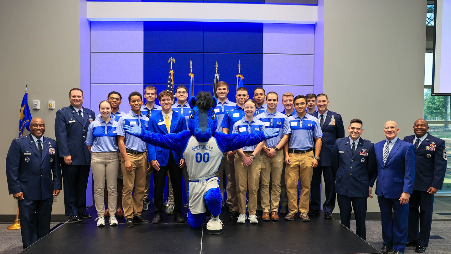 The University of Alabama in Huntsville and the Department of the Air Force celebrate the official activation of the new Air Force Reserve Officers’ Training Corps with Air Force and university officials, cadets, UAH Lancers and Charger Blue.