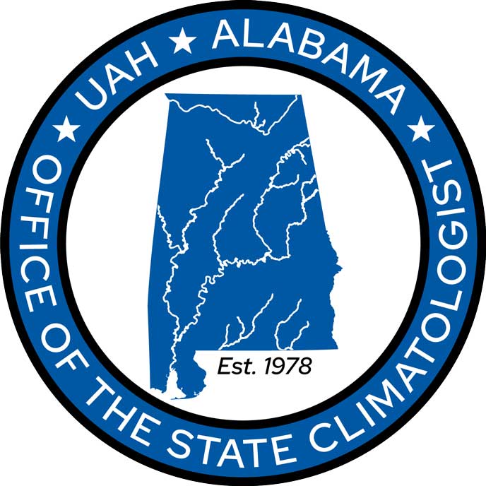 Logo of the Alabama Office of the State Climatologist, featuring a blue outline of Alabama, established in 1978, with UAH above.