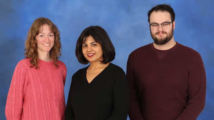 (L-R) Sophia Vanderwaal, UAH physics undergraduate; Dr. Sukanya Chakrabarti, Pei-Ling Chan Endowed Chair in UAH College of Science; Dr. Tom Donlon, UAH postdoctoral associate.