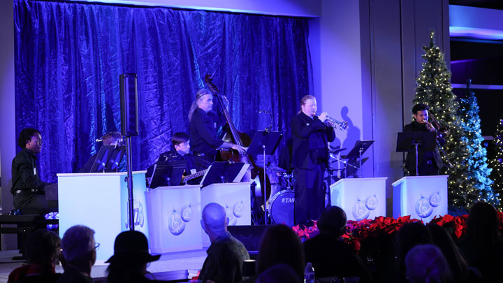 The UAH Low Brass Ensemble gets the party started at Holiday Jazz on Dec. 10, 2024.