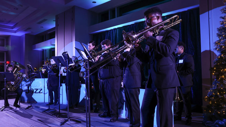 The UAH Low Brass Ensemble gets the party started at Holiday Jazz on Dec. 10, 2024.
