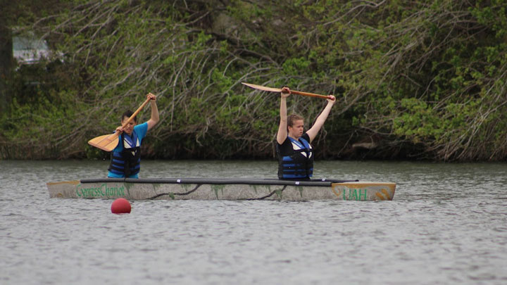 UAH engineering students racing a concrete canoe on the Bayou St. John in the 37th annual American Society of Civil Engineers