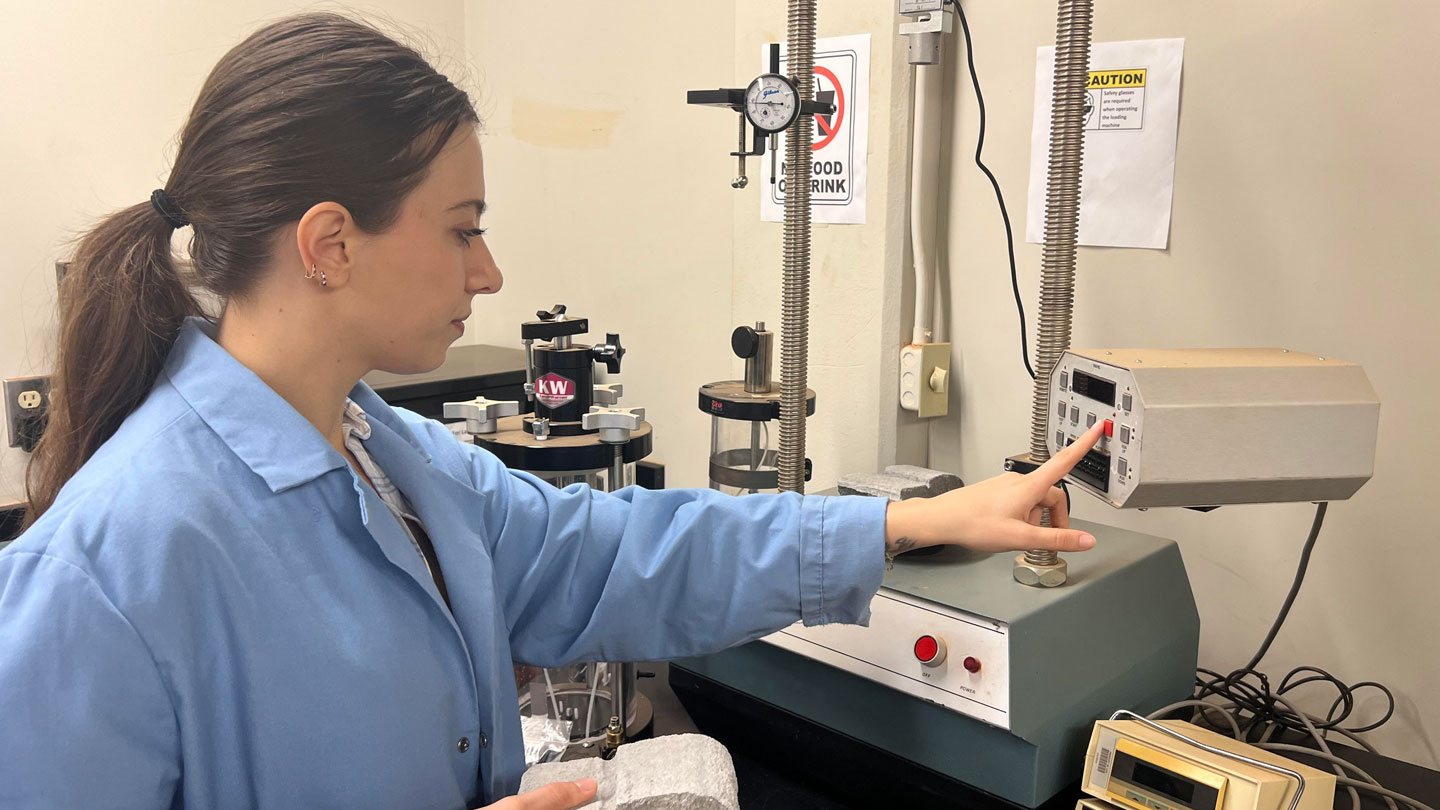Ledia Shehu, UAH civil engineering doctoral candidate, in the laboratory.