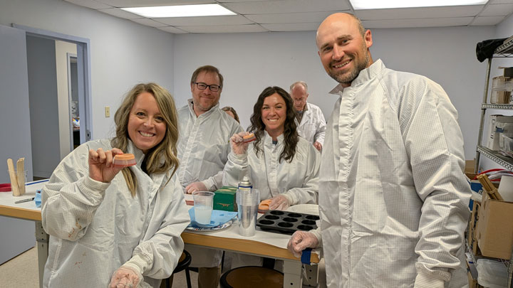Showing off the MEDNET “muffins” they made at the UAH SMAP Center on March 7, 2025, are Albertville teachers, left to right, Anna Frasier, Matthew Jackson, Katie Baugh and Corbin Holland.