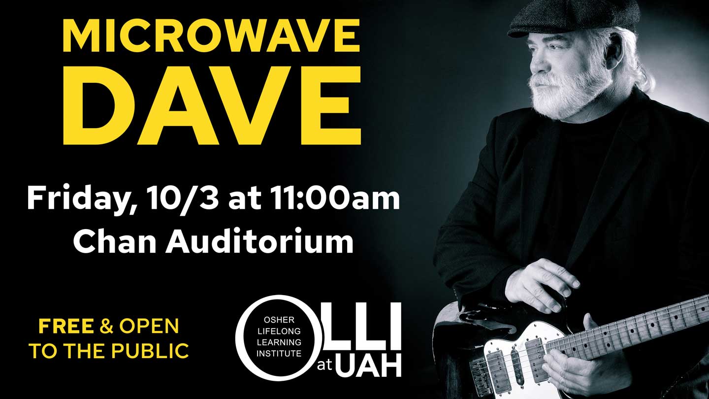 Promotional poster for Microwave Dave event featuring a guitarist on stage, with details of date, time, and location clearly displayed.