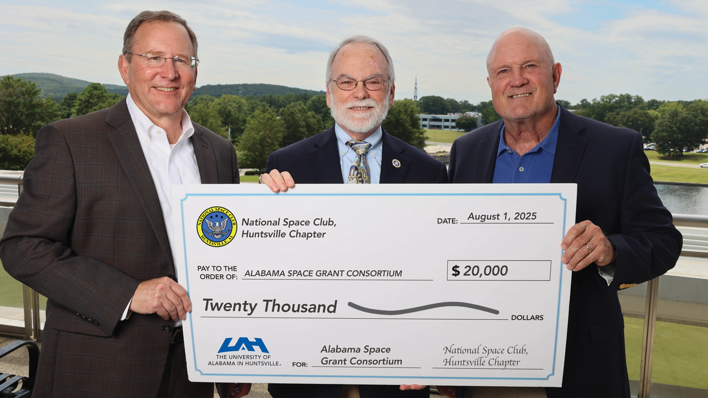 Andrew Johnston, Amentum, Education Committee, NSC-Huntsville; Dr. Dale Thomas, UAH Propulsion Center deputy director and ASGC director; and Terry Abel, Lockheed Martin, Education Committee, NSC-Huntsville.