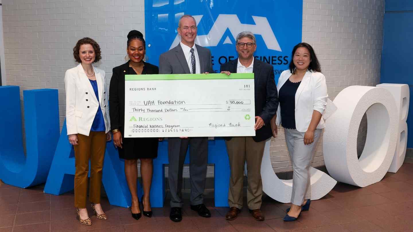 Mallie Hale, UAH Vice President for University Advancement/Executive Director of UAH Foundation; Floresha Watkins, Vice President for Community Relations, Regions Bank; Dr. Jason Greene, Dean UAH College of Business; Sean Kelly, Executive Vice President and Market Executive, Regions Bank; Dr. Helen Lien, UAH Major Gifts Officer.