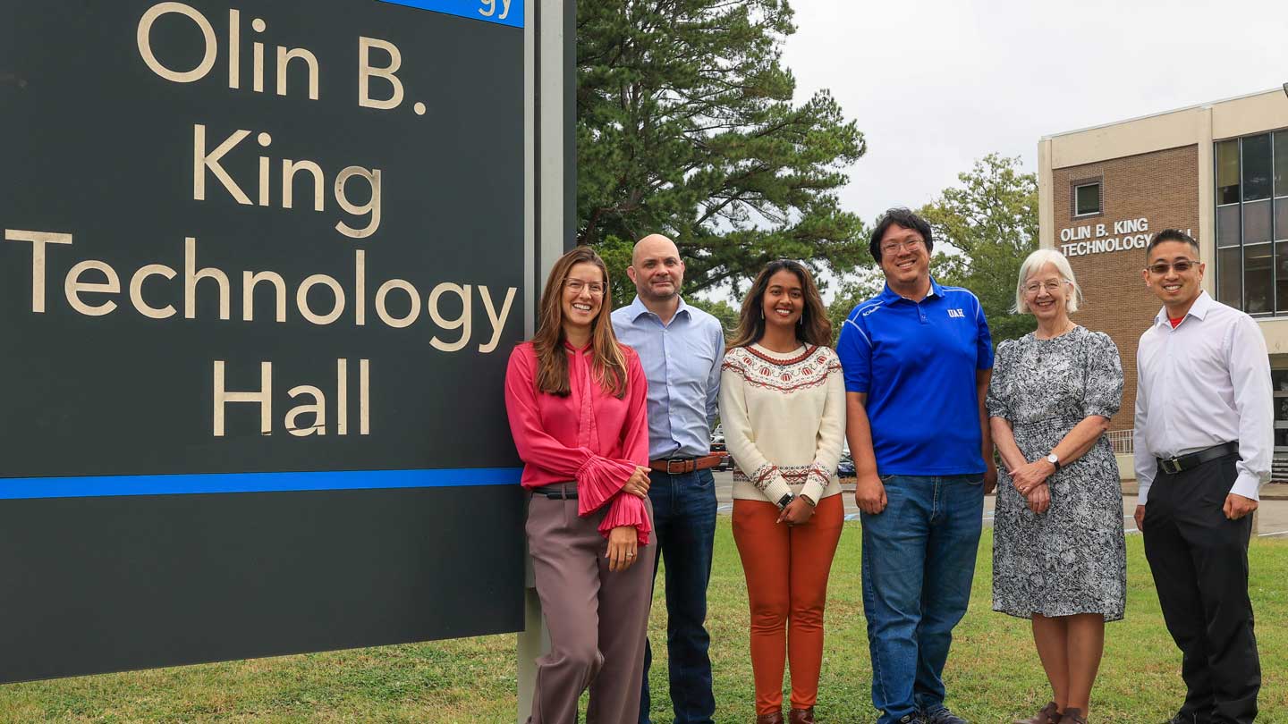 Members of the UAH SMART team are, left to right, Dr. Ana Wooley, assistant professor, Department of Industrial & Systems Engineering and Engineering Management (ISEEM); Dr. Nicholas Loyd, clinical associate professor, ISEEM; Dr. Vineetha Menon, associate professor, Department of Computer Science; Dr. Howard Chen, assistant professor, ISEEM; team leader Dr. Judith Schneider, professor, Department of Mechanical and Aerospace Engineering; adjunct, Department of Chemical and Materials Engineering, and director, Materials Science Program, and Dr. Cheng Chen, assistant professor, ISEEM.