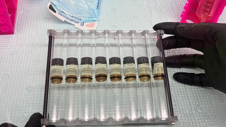 Checking for contamination upon completion of the first sterile chambers at the fluid processing assembly.