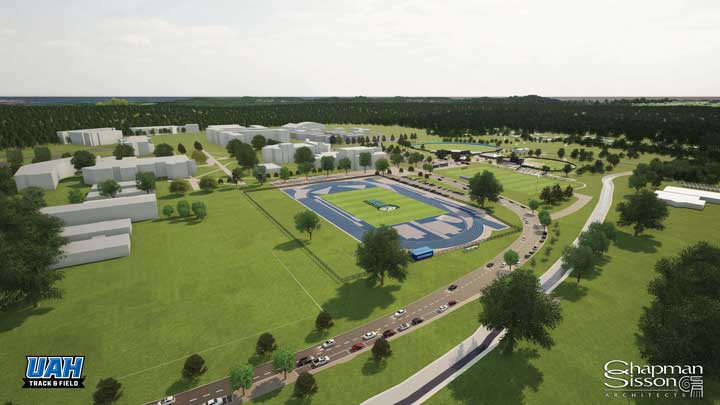 Aerial view of UAH track and field complex surrounded by green fields and buildings, showcasing stadium and pathways.