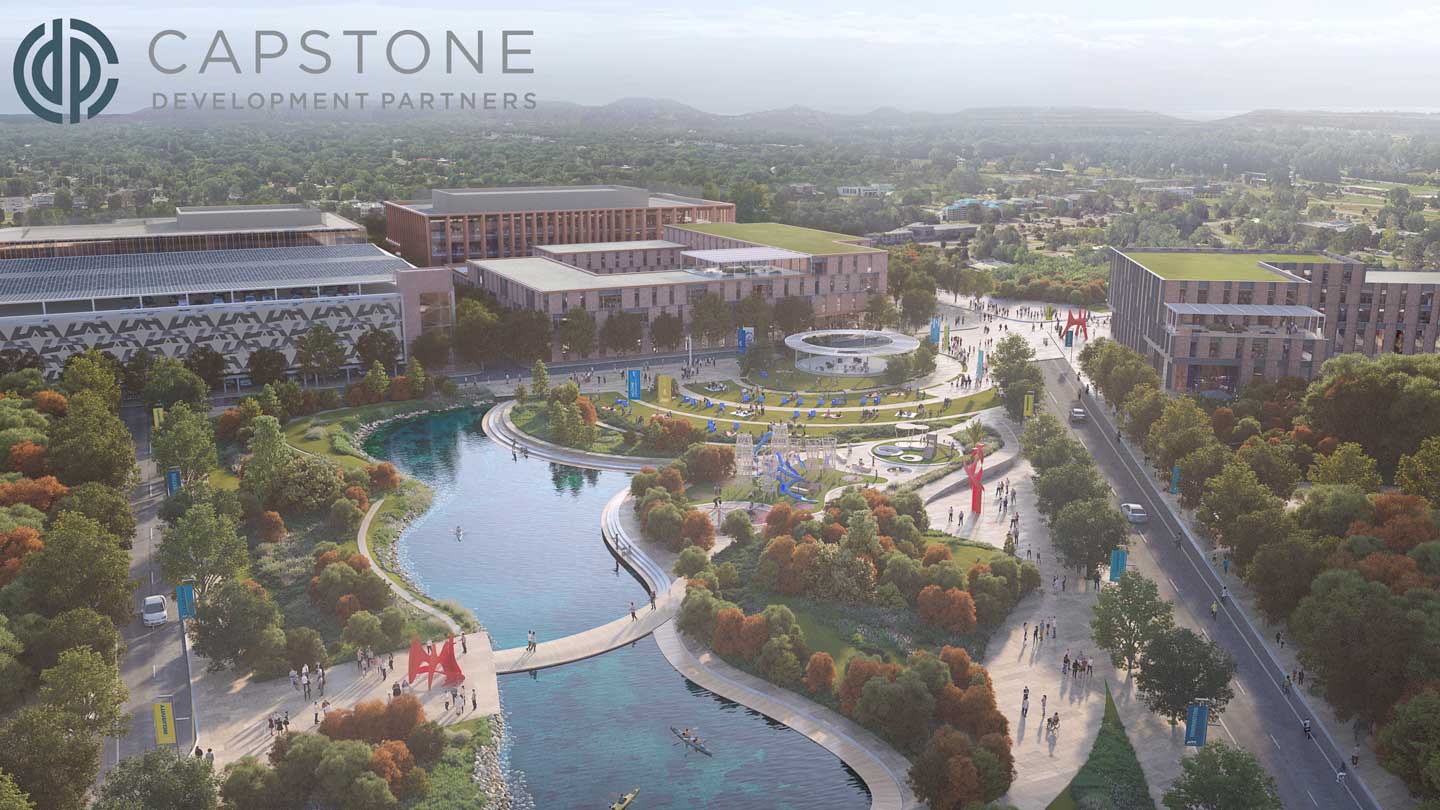 A rendering of a vibrant community park featuring walking paths, a pond, greenery, and people enjoying recreational activities, overseen by Capstone Development Partners.