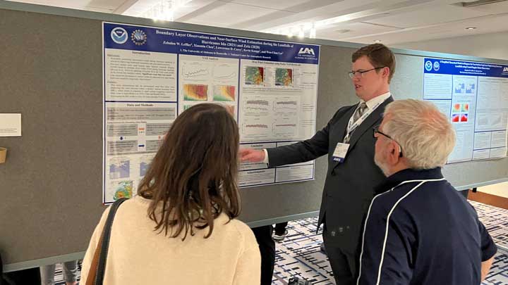 Zeb Leffler presents his hurricane research at the 2025 AMS International Conference on Radar Meteorology.