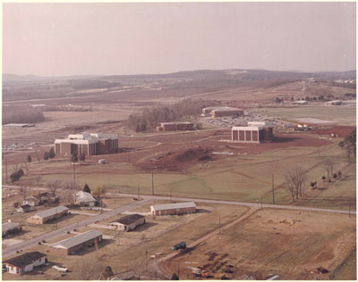 An early aerial picture of the Humanities Building just prior to occupancy. Courtesy of Larrell Hughes, UAH Campus Architect.