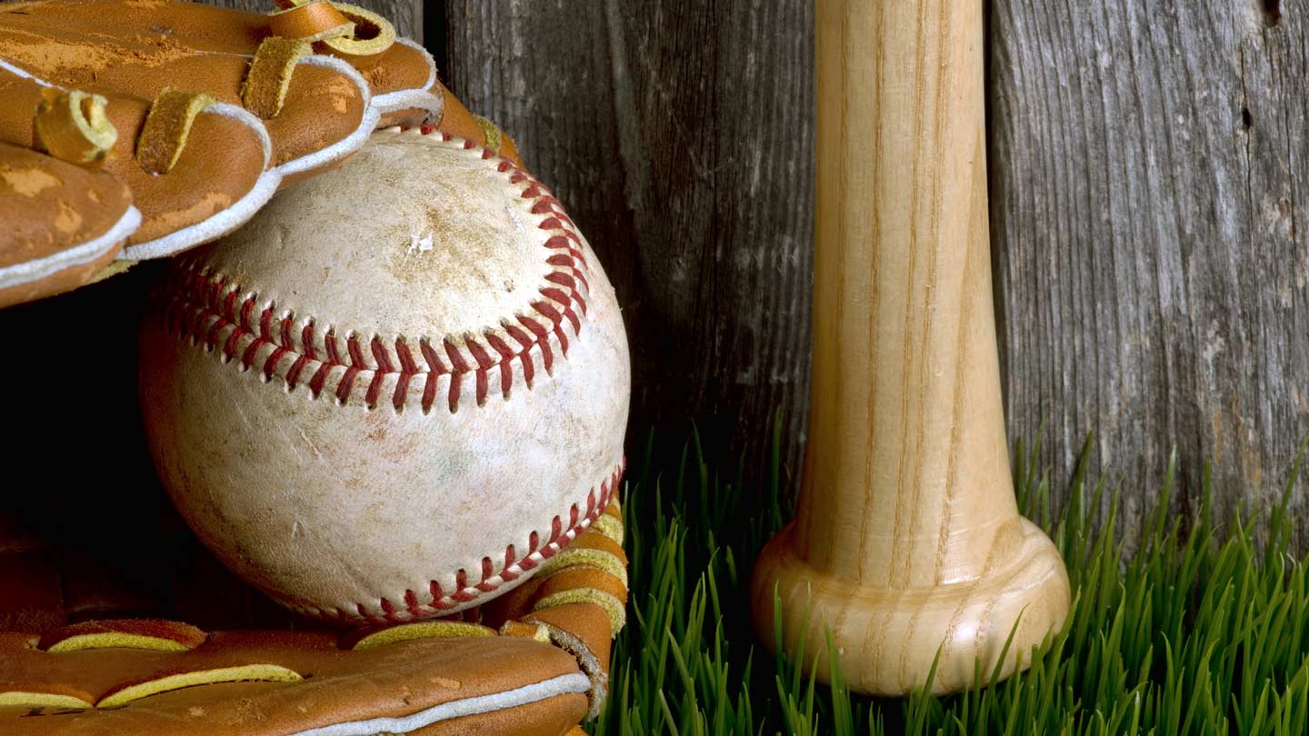 Baseball glove, bat and ball