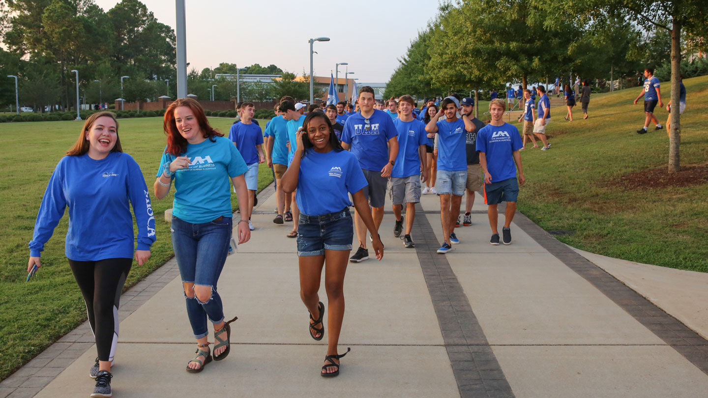 Fall 2019 UAH students walk down the Greenway to Convocation